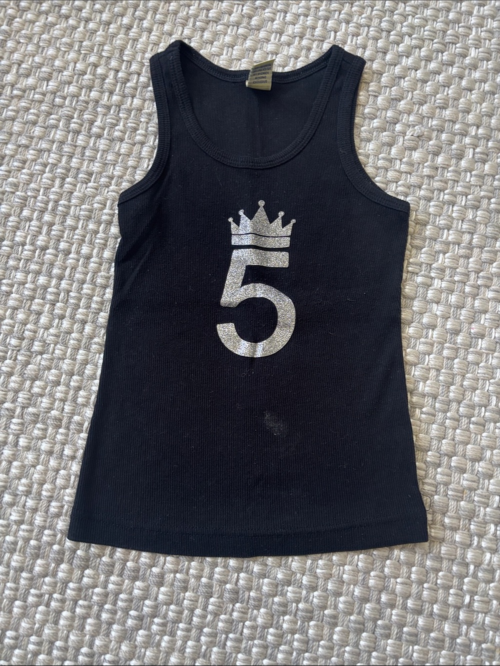 Girls' Black Tank Top with Silver Glitter '5' and Crown Graphic